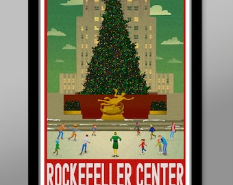May include: A vintage-style illustration of the Rockefeller Center Christmas tree in New York City. The tree is decorated with lights and ornaments, and there are people ice skating in the foreground. The text "Rockefeller Center" and "New York" is at the bottom of the image.