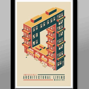 May include: A retro-style illustration of an impossible building with a yellow, red, and blue color scheme. The building is shaped like a square with a hole in the middle. The text "IMPOSSIBLE ARCHITECTURAL LIVING MAGAZINE" is at the bottom of the image.