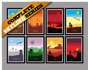 Könnte beinhalten: Ein Set aus acht Star Wars-Plakaten mit verschiedenen Planeten aus den Filmen. Jedes Plakat hat ein minimalistisches Design mit einer Silhouette des Planeten und einigen wichtigen Charakteren oder Fahrzeugen. Die gezeigten Planeten sind Tatooine, Geonosis, Mustafar, Hoth, Endor, Jakku und Ahch-To.