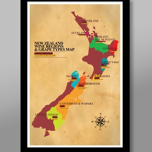 New Zealand Wine Regions Map - 13x19 16x24 OR 24x36 Inches - Home / Office Decor