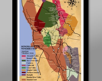 Sonoma Wine County Wineries Poster - Wine Poster - 13x19, 16x24 or 24x36 Inches - Wine Lover Gift - Wine Tasting Map - Print 311