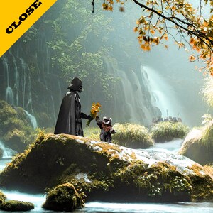 May include: Darth Vader, a fictional character from Star Wars, stands on a rock in a misty forest setting. He is holding a bouquet of yellow flowers and is offering them to a small, furry creature. A waterfall cascades down the rock face behind them.