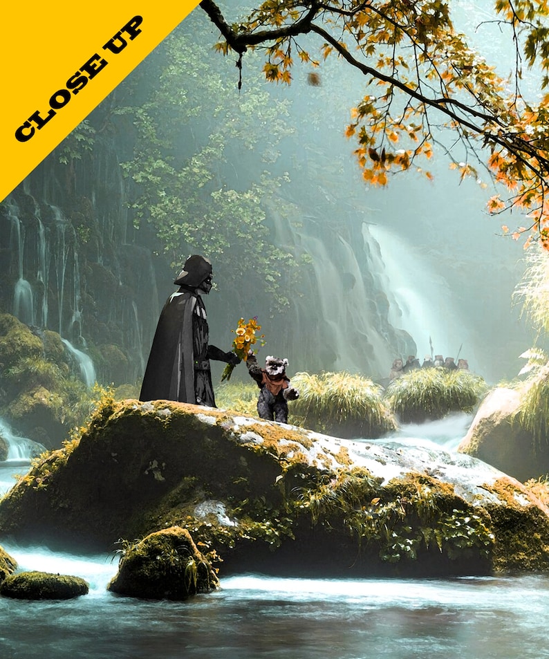 May include: Darth Vader, a fictional character from Star Wars, stands on a rock in a misty forest setting. He is holding a bouquet of yellow flowers and is offering them to a small, furry creature. A waterfall cascades down the rock face behind them.