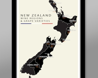 New Zealand Wine Regions and Grape Varieties Minimalist Map - 13 x 19, 16 x 24 or 24 x 36 - Home Decor