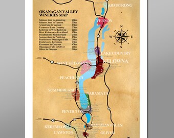 Okanagan Valley Wineries Poster 13x19 16x24 or 24x36 or 12x36