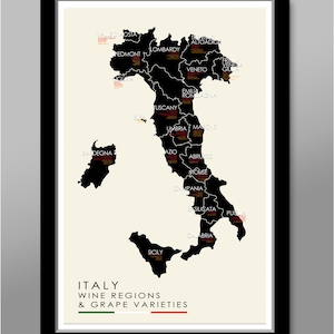 Carte minimaliste des régions viticoles et des cépages de l'Italie - 13 x 19, 16 x 24 ou 24 x 36 - Décoration d'intérieur