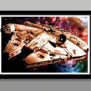 May include: A close-up of the Millennium Falcon spaceship from Star Wars, flying through a colorful nebula. The spaceship is a light brown color with a dark gray engine and a cockpit window. The nebula is a mix of red, blue, green, and purple.
