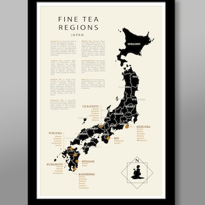 Régions japonaises de thé - carte du Japon - 13 x 19, 16 x 24 ou 61 x 36 pouces - décoration d'intérieur