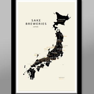 May include: A black and white map of Japan showing the locations of sake breweries. The map is labeled "SAKE BREWERIES JAPAN" and includes the names of various regions and cities.