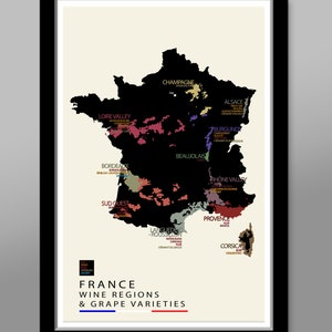 Carte minimaliste des vins de France - avec affiche de cépages - 33 x 19 40 x 61 cm ou 61 x 91 cm - décoration d'intérieur