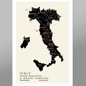 May include: A black and white map of Italy showing the different wine regions and grape varieties. The map is labeled with the names of the regions and the grape varieties. The map is surrounded by a white border.