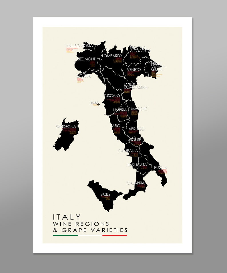 May include: A black and white map of Italy showing the different wine regions and grape varieties. The map is labeled with the names of the regions and the grape varieties. The map is surrounded by a white border.