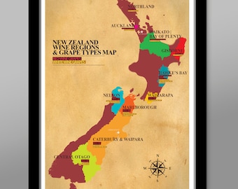 New Zealand Wine Regions Map - 13x19 16x24 OR 24x36 Inches - Home / Office Decor