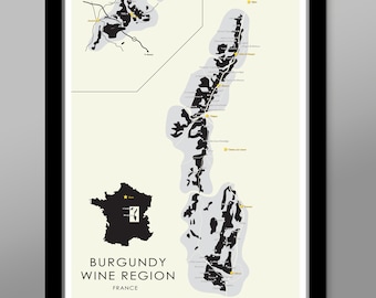 Burgundy Regions of France Minimalist Map -Wine Poster - 13x19, 16x24 or 24x36 Inches - Wineries Poster - Wine Lover Gift