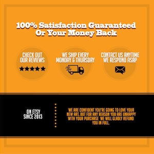May include: A yellow background with black text that reads "100% Satisfaction Guaranteed Or Your Money Back". There are three black circles with white text and icons. The first circle says "Check Out Our Reviews" and has five stars. The second circle says "We Ship Every Monday & Thursday" and has an icon of a delivery truck. The third circle says "Contact Us Anytime We Respond ASAP" and has an icon of an envelope. The bottom of the image has black text on a white background that reads "On Etsy Since 2013" and "We are confident you're going to love your new art. But for any reason you are unhappy with your purchase we will gladly refund you in full."