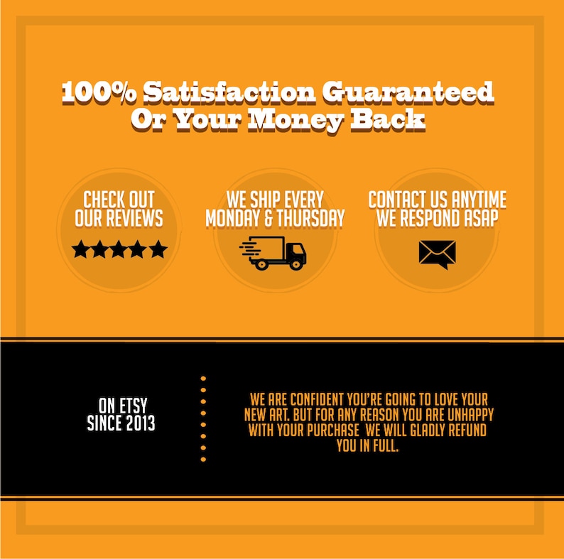 May include: A yellow background with black text that reads "100% Satisfaction Guaranteed Or Your Money Back". There are three black circles with white text and icons. The first circle says "Check Out Our Reviews" and has five stars. The second circle says "We Ship Every Monday & Thursday" and has an icon of a delivery truck. The third circle says "Contact Us Anytime We Respond ASAP" and has an icon of an envelope. The bottom of the image has black text on a white background that reads "On Etsy Since 2013" and "We are confident you're going to love your new art. But for any reason you are unhappy with your purchase we will gladly refund you in full."