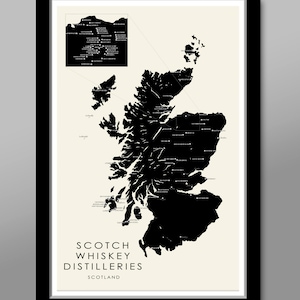 Carte minimaliste des distilleries de whisky/scotch d'Écosse - Décoration d'intérieur
