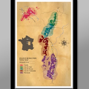 Carte des vins classique de la Bourgogne, régions de France - 13 x 19, 16 x 24 ou 24 x 36 - Décoration d'intérieur
