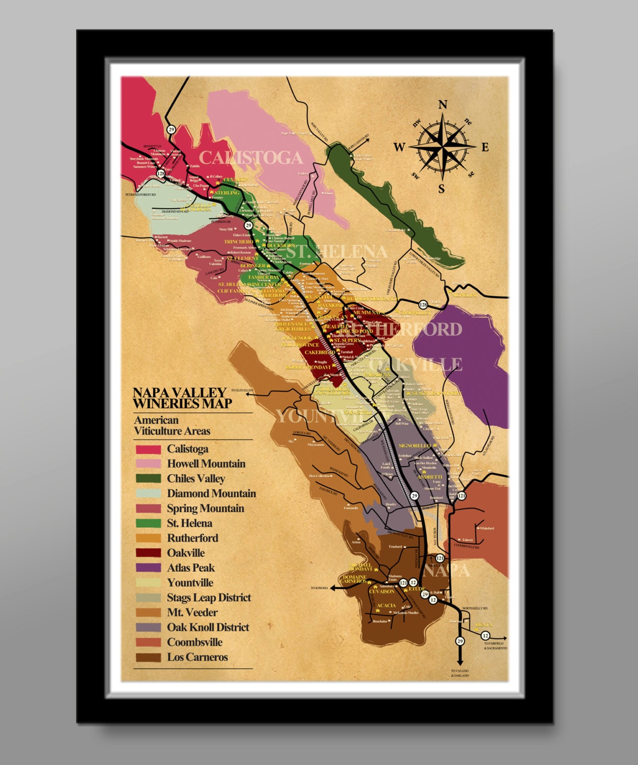 Napa Valley Wineries Poster Wine Map print 311 Home Etsy