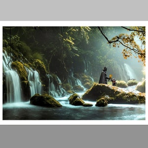 May include: A dark figure stands on a mossy rock in a lush forest setting. A waterfall cascades down the rock face behind them. The figure is holding out a yellow flower to a smaller figure standing beside them.