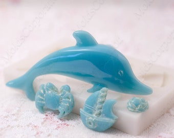 Sea Set Silicone Mold, Dolphin Mold, For Polymer Clay, Crab Mold, Boat Mold, Food Safe Mold, For Epoxy Resin, Fondant Cake Mold М-Mix-13