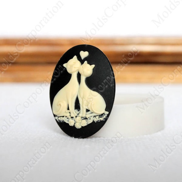 Cameo Cats in Love Moule en silicone flexible, pour argile polymère, moules sans danger pour les aliments, savon, fondant, cire, pendentif, moule Fimo, moule à chocolat, М8/81*