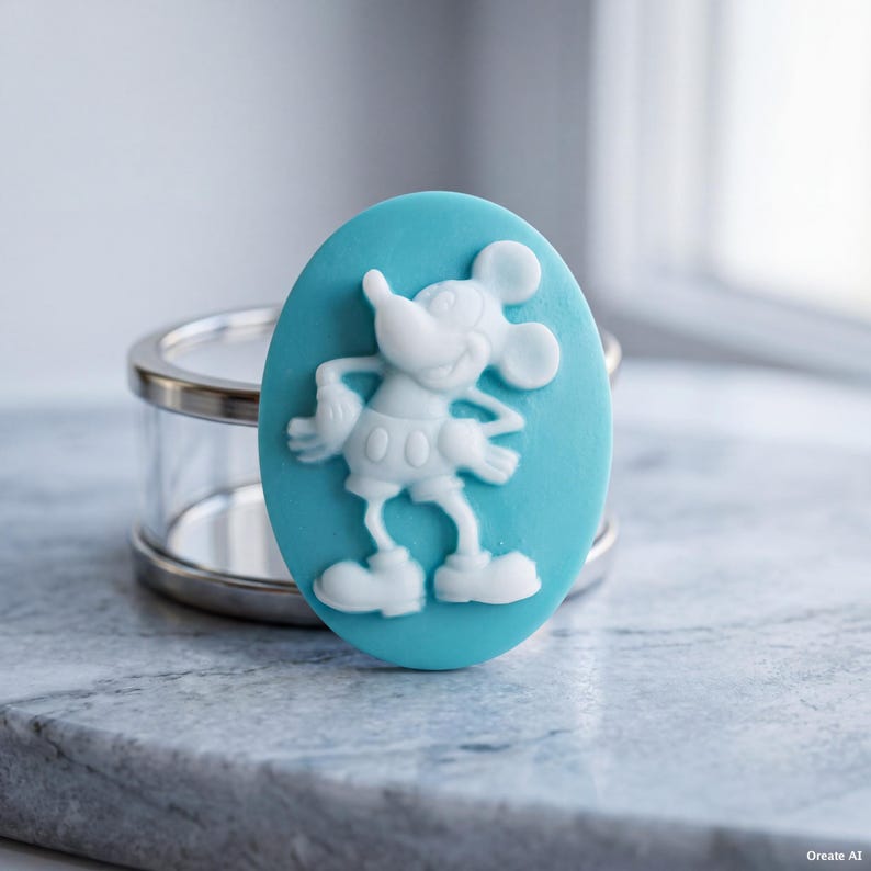 May include: An oval-shaped cameo featuring a raised white relief of a cartoon mouse character against a solid light blue background. The character is depicted in a standing pose with hands on hips, wearing shorts and shoes, rendered in a matte finish.