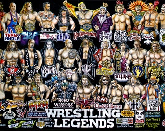 May include: A colorful illustration of various professional wrestlers, including The Rock, Stone Cold Steve Austin, and Hulk Hogan. The image features the text "Wrestling Legends" and includes the names of many famous wrestlers.