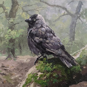 Gralha em um galho desgastado, pintura de pássaro, óleo sobre painel de berço, arte de parede gótica de 12 por 9" Arte de parede de animais Arte de pássaros