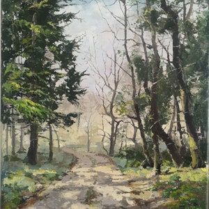 Un camino boscoso a principios de primavera, inspirado en los bosques de Ruperra, Gales del Sur, 12x16 pulgadas, pintura al óleo original sobre lienzo. mural imagen 1