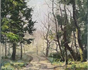 A Wooded path in early Spring, inspired by Ruperra woods, South Wales 12x16 inch, original oil painting on canvas. Wall art