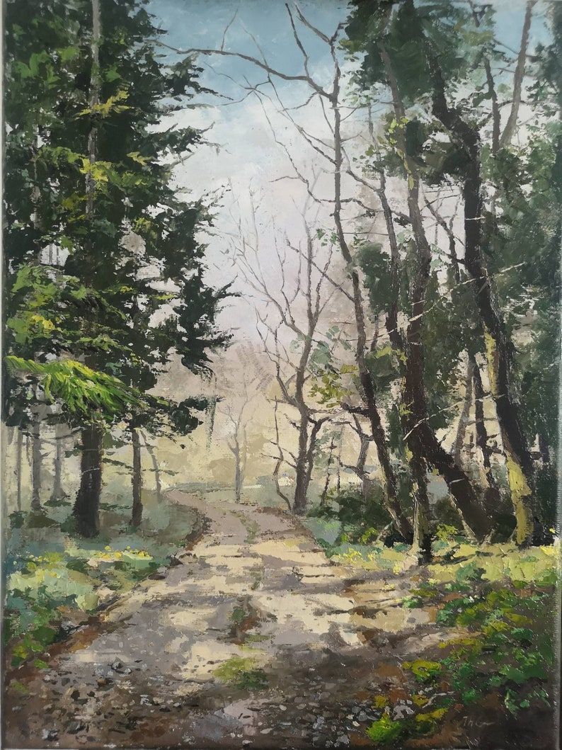 Un camino boscoso a principios de primavera, inspirado en los bosques de Ruperra, Gales del Sur, 12x16 pulgadas, pintura al óleo original sobre lienzo. mural imagen 1