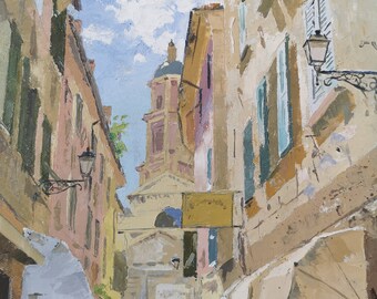 Calle en Rapallo - pintura al óleo original de 12x16" sobre lienzo - verano/figuras/calle/ocupado/escaparates/paisaje/Italia Arte de pared