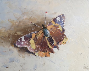 Original butterfly, red admiral palette knife painting, oil on panel. 6x4 inch