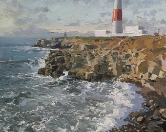 Lighthouse original, painting on panel, Portland Bill, Dorset 12x9 inch Wall art