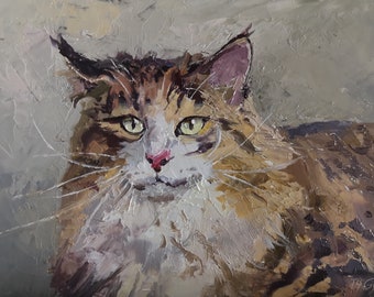 A little Glance III - portrait of a Norwegian Forest cat, original painting on panel 7x5" palette knife with oil Animal Wall art