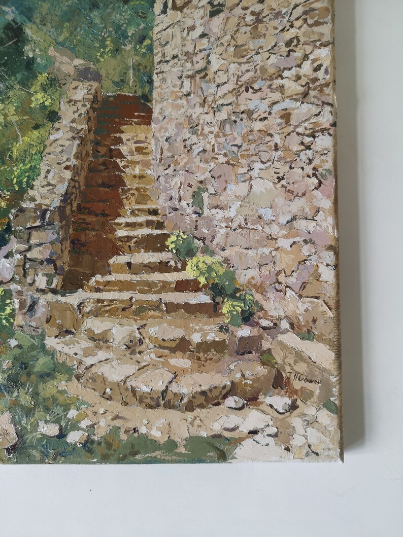 Up the cobbled steps, Tresilian beach, Wales on a sunny afternoon, 12x16 original oil painting on canvas Wall art image 2