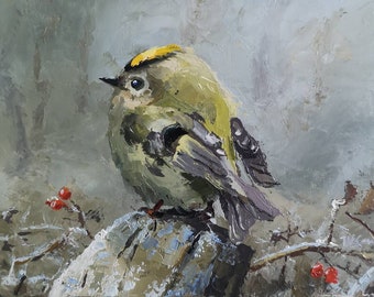 Goldcrest on a wooded stump, Garden visitor, original oil painting on panel. 7x5" Animal wall art