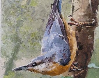 Nuthatch bird, painting on cradle panel - 7x5" palette knife with oil