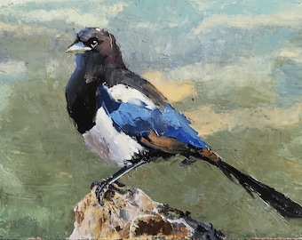 Finding Cover - A magpie over the distant trees, original painting on panel - 7 by 5&quot; palette knife with oil Animal wall art Bird Art