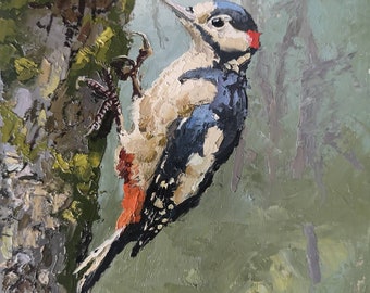 Woodpecker, great spotted oil on panel 7x5" Animal wall art. Animal wall art