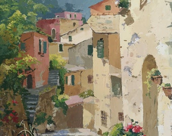 Original painting of an alleyway in Portofino - 12x9" original oil on canvas - summer/street/floral/bike/landscape/Italy Wall art