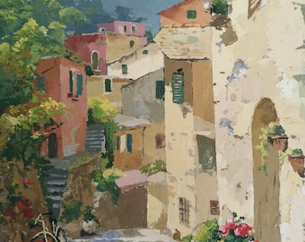 Original painting of an alleyway in Portofino - 12x9" original oil on canvas - summer/street/floral/bike/landscape/Italy Wall art