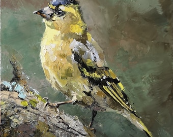 Siskin bird 7x5 inch, original oil painting on panel.