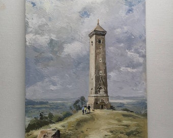 Tyndale Monument overlooking N. Nibley Gloucestershire, oil on panel unframed, 20x8" Wall art