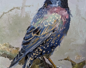A Starling on a branch 7 by 5 inch, original oil painting on flat panel. Animal wall art Bird Art