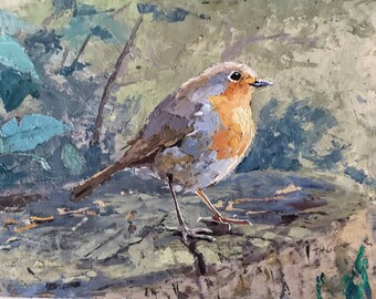 Finding Cover II - A robin on a frosty stump, original painting on panel 7x5" palette knife with oil Animal Art wall art Bird art