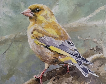 Greenfinch on a bare branch 12x10 inch, original oil painting on canvas. Animal Art, bird art