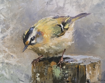 Goldcrest II on a wooded stump, Garden visitor, original oil painting on panel. 7x5" Animal wall art