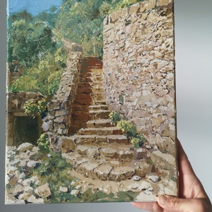 Up the cobbled steps, Tresilian beach, Wales on a sunny afternoon, 12x16 original oil painting on canvas Wall art image 4